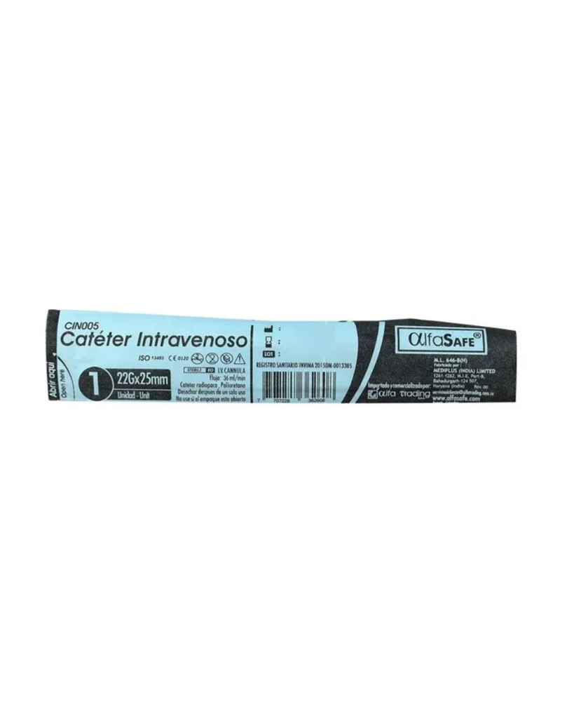 Cateter Intravenoso Alfasafe 22G X 25Mm Empaque Con 1 Unidad