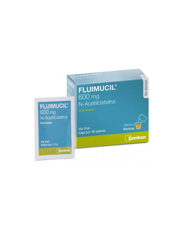 Fluimucil 600 Mg Sin Azúcar Caja Con 30 Sobres Sabor Naranja /Sobre 3.400