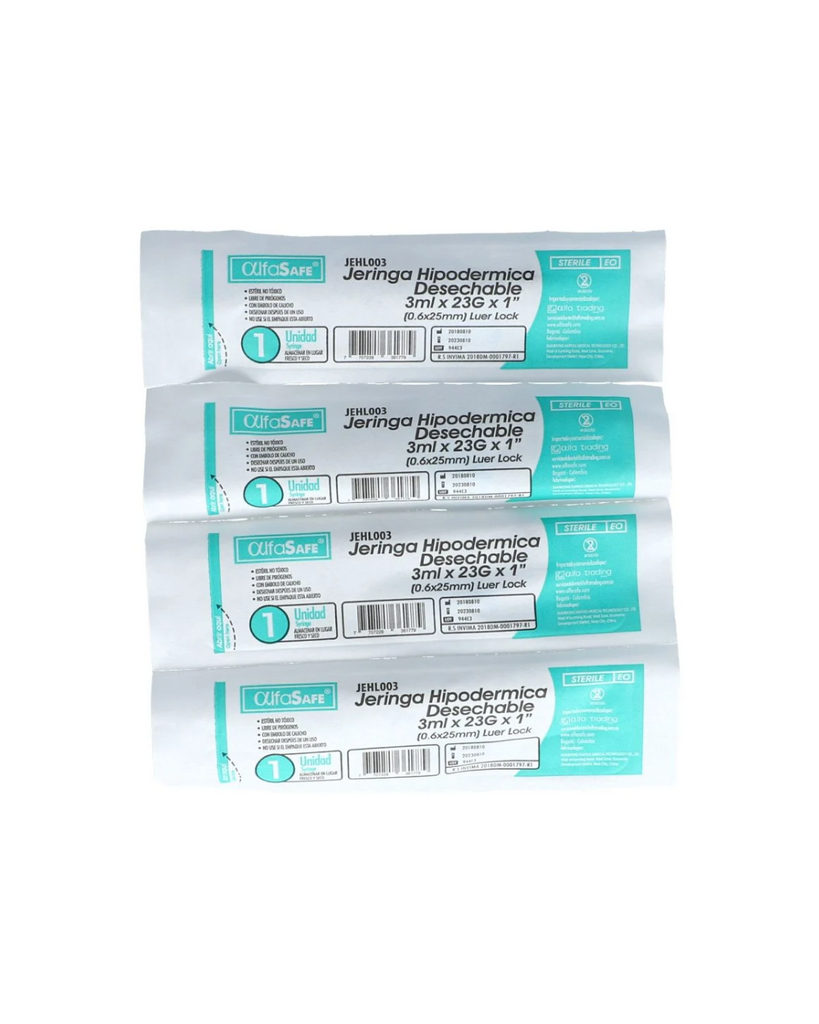 Jeringa Hipodermica Desechable 3 Ml 23 Gx1 Pulgada Luer Lock Alfasafe Sobre X 1